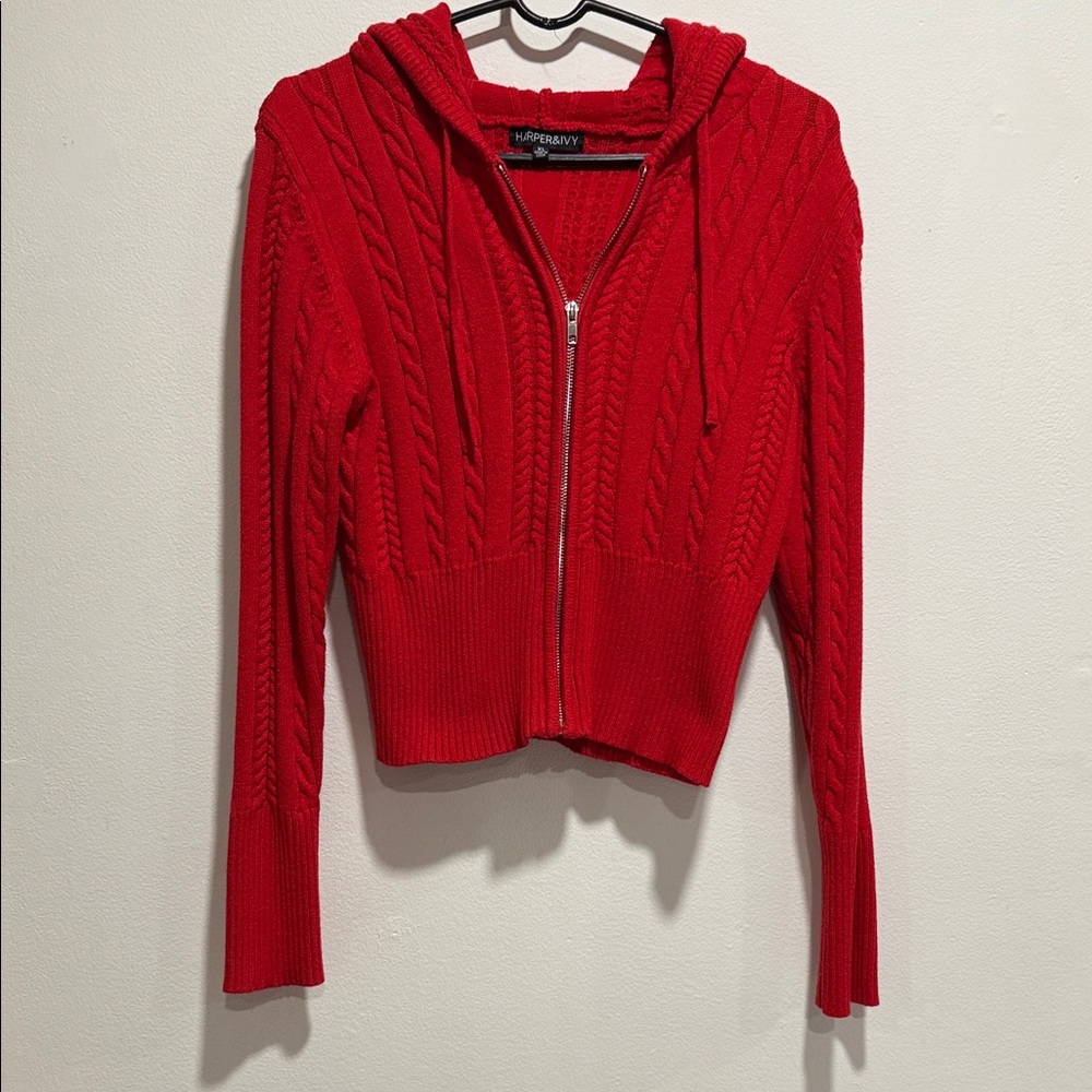 Red Cable Knit Zip-Up Cardigan
